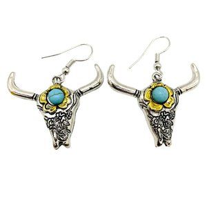 Steer Head Earrings Silver and Faux Turquoise